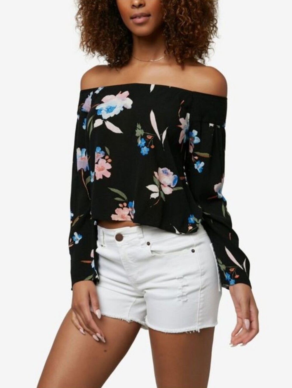 O'NEILL Floral Black Unlined Long Sleeve Off Shoulder Top Juniors Med